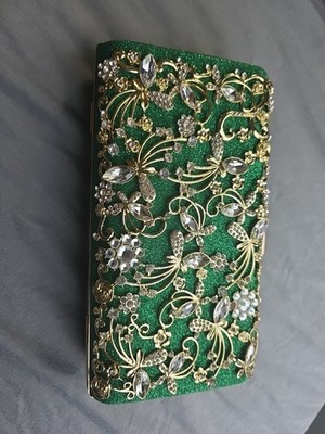 Clutch Bag Emerald Green  Intricate Gold Tone/Crystal Butterfly Embellishments