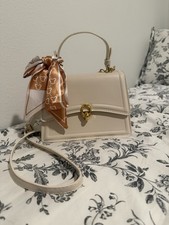 Beige Satchel Top Handle Bag w/ Detachable Strap Gold Turn Lock Scarf Accent