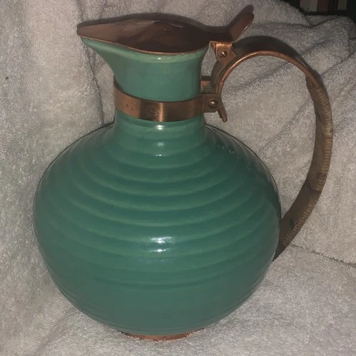 Vintage Bauer L.A.  Pottery Teal Green Blue Carafe Pitcher Rattan Handle Copper