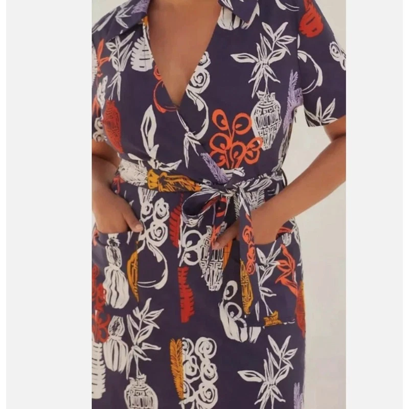 Anthropologie Maeve Short-Sleeve Tie-Waist Midi Dress Multicolor Size XL - Image 3 of 4