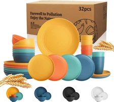Wheat Straw Dinnerware Set of 32, Unbreakable Dinner Plates and Bowls Dishes Set