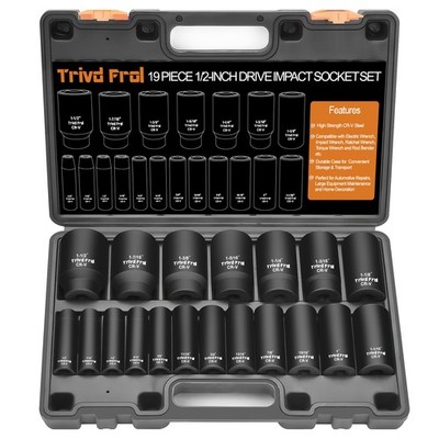 SAE Impact Socket Set 1/2'' Drive 19pc Deep Socket Set 3/8'' to 1-1/2'' Cr-V Steel