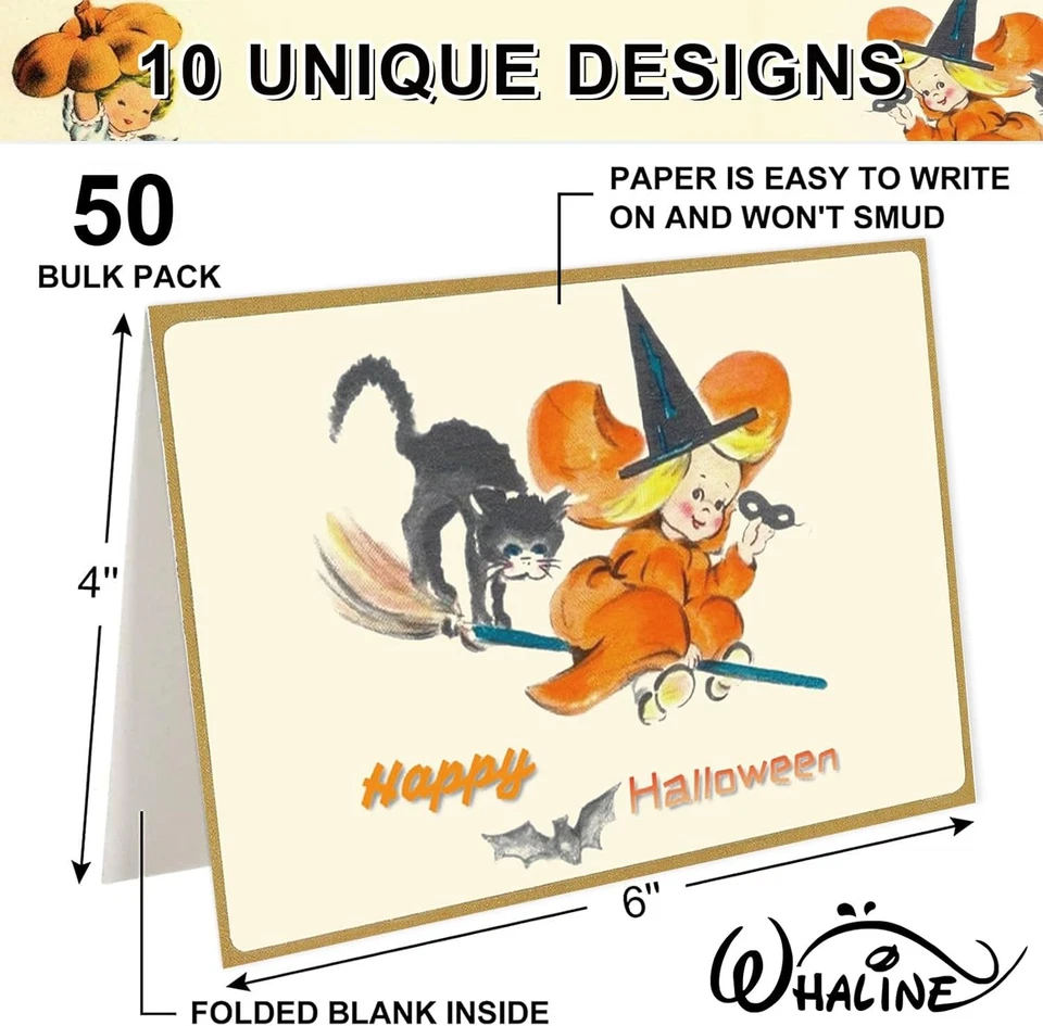Whaline 50 Pack Halloween Greeting Cards with 4 x 6 Inch, orange and black Foto 3 de 4