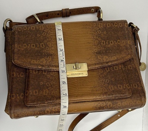 Brahmin Oxford Flap Turn Lock Embossed Brown Leather Satchel Crossbody Purse - Picture 9 of 24