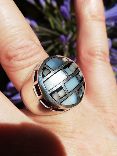 Bague En argent Massif Silver Ring 925 Créateur Mexique Nacre - Foto 8 di 8