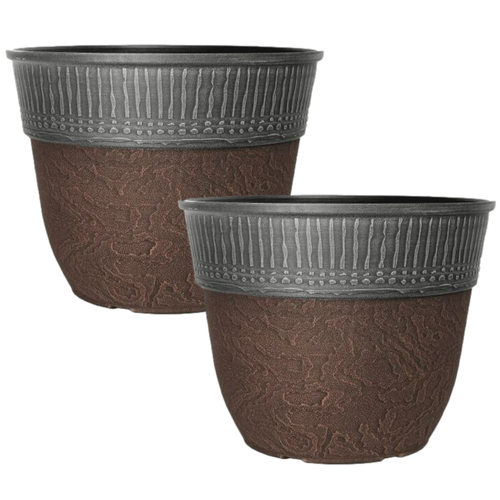 Planter Ceramic Look Copper Grey Plastic Plant Pot 38cm Round Garden