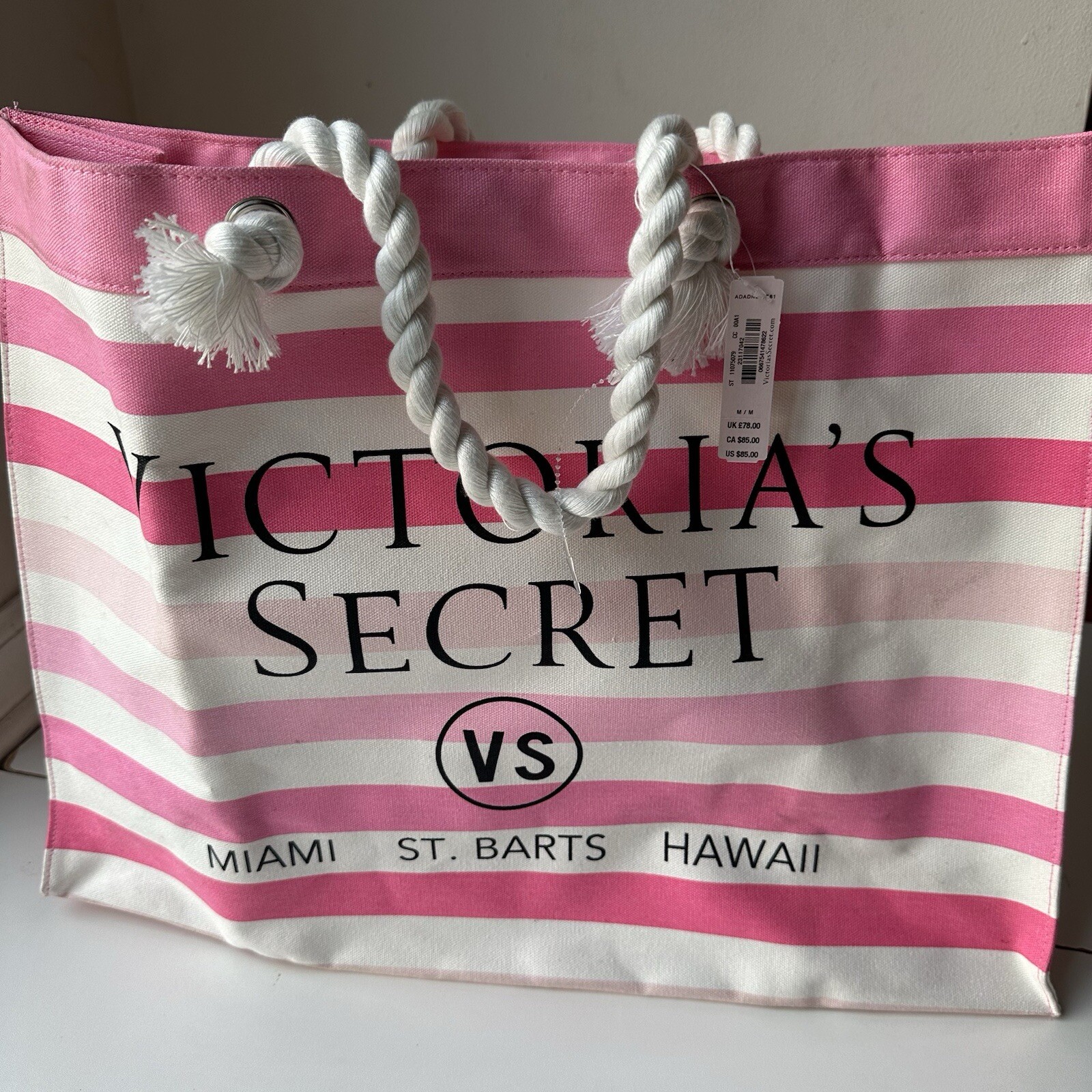 Victoria Secret Pink & White Striped Beach Tote Bag VS Miami St Barts Hawaii New