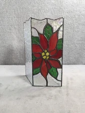 Vintage 8" Stained Lead Glass Flower Pillar Candle Cover Iridescent Christmas