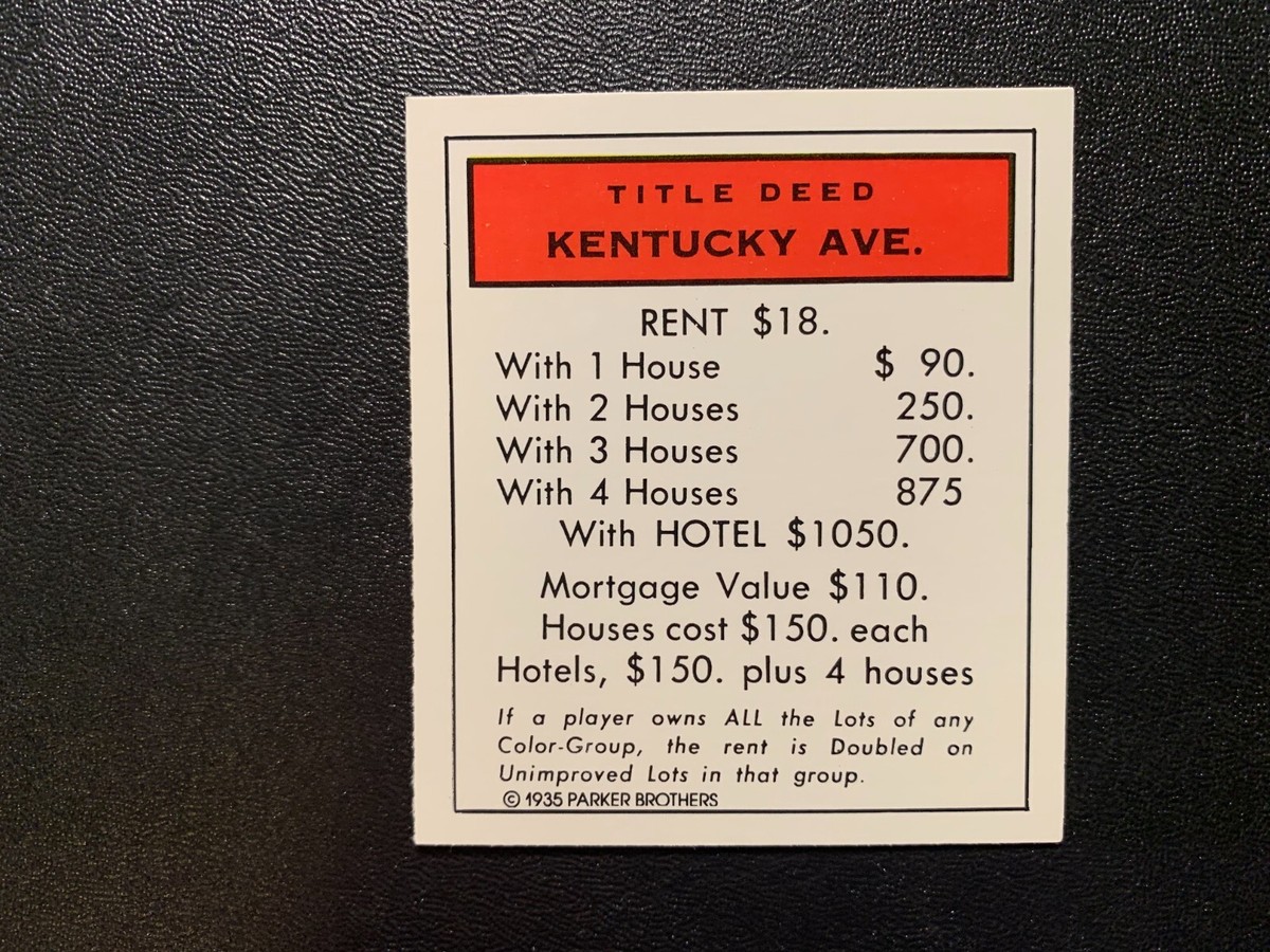 Monopoly VINTAGE Kentucky Ave Title Deed Card PARKER BROTHERS | eBay