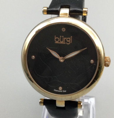 Montre Burgi femme ton or cadran noir floral bracelet cuir pile