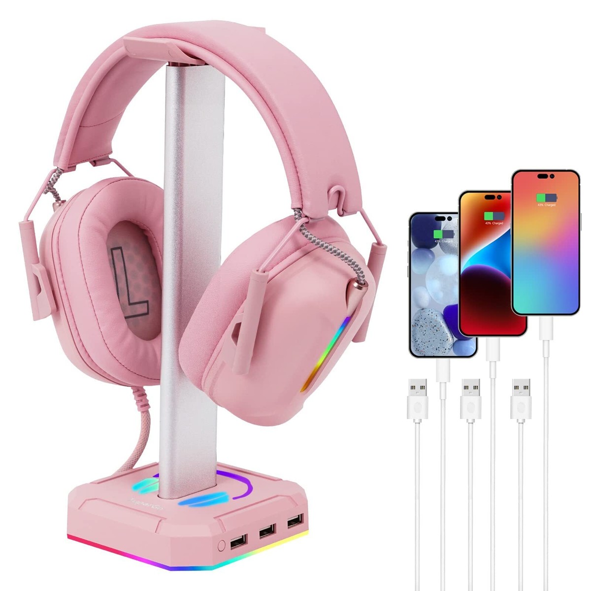 TuparGo Pink Headphone Stand RGB Lights Gaming Headset Holder with