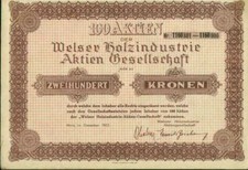 Welser Holzindustrie-Aktien-Gesellschaft 1922 100 X 200 Kronen mit Kupons