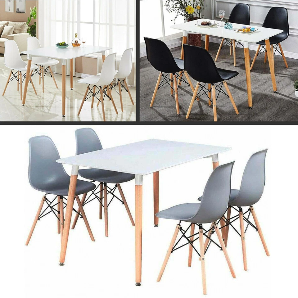 Comedor Mesa Y Silla Juego Blanco - 4X Madera Sillas de Comedor & Blanco Mesa - Imagen 3 de 4