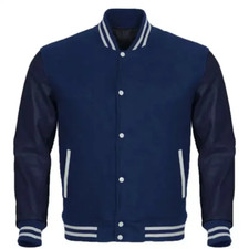 Men's Bomber Letterman Baseball Jacket Navy Wool & Blue Genuine Leather Sleeves