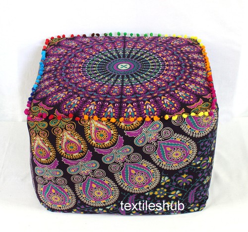 Indian Mandala 18" Square Ottoman Handmade Pouf Cover Footstool Seating Cover - Picture 30 of 49