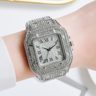 Iced Out Hip Hop Herren, Damen Luxus Bling Kristall Diamant Silber Zifferblatt Quarz