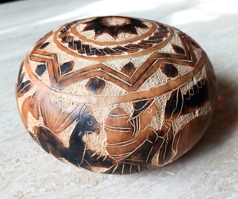 Vintage Peruvian Hand-Carved Gourd w/Llamas, Herders - Stamped Made in Peru