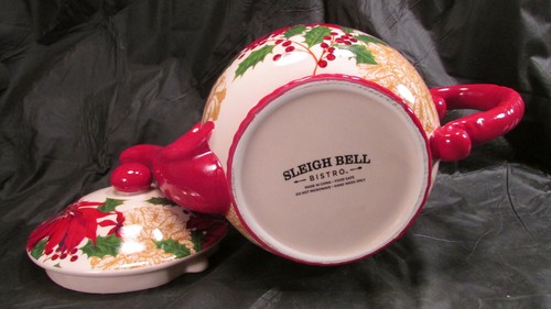 Sleigh Bell Bistro Ceramic Lidded Teapot Tea Pot Poinsettia Holly Christmas - Picture 8 of 10