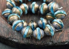 Etched Gold Washed Turquoise Teal Czech Glass Saturn Beads - Choose Your Size