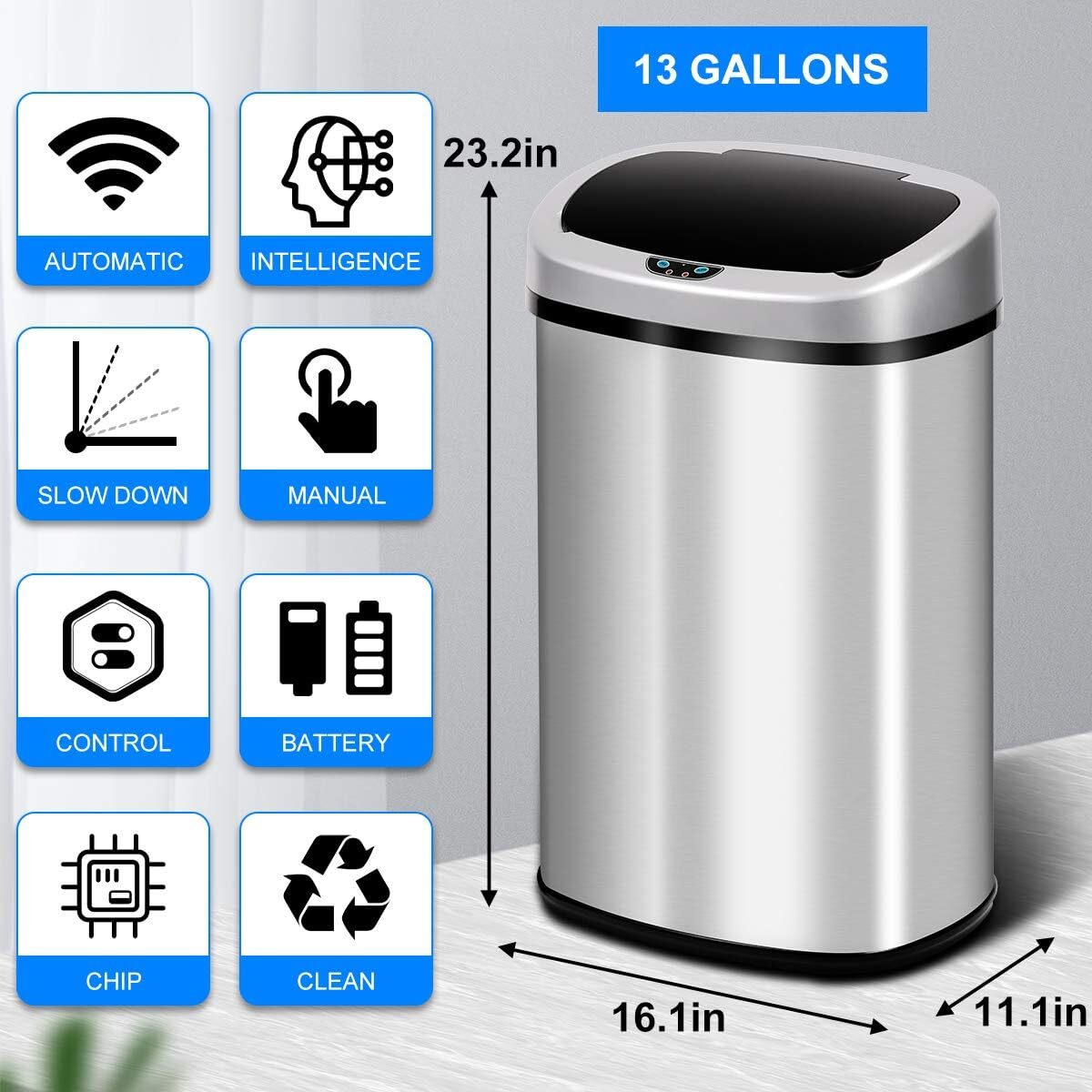 13 Gallon/50L Kitchen Trash Can Automatic Touch Free Stainless Steel