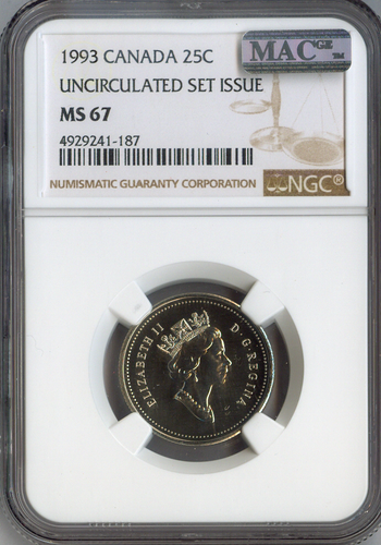 1993 Canada 25 Cents NGC MS67 MAC Quality