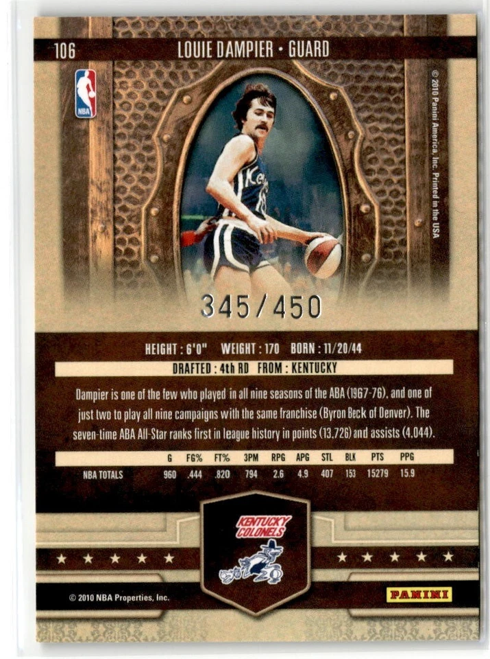 Louie Dampier 2009-10 Panini Court Kings Legend #106 Kentucky Colonels #d /450 - Image 2 of 2