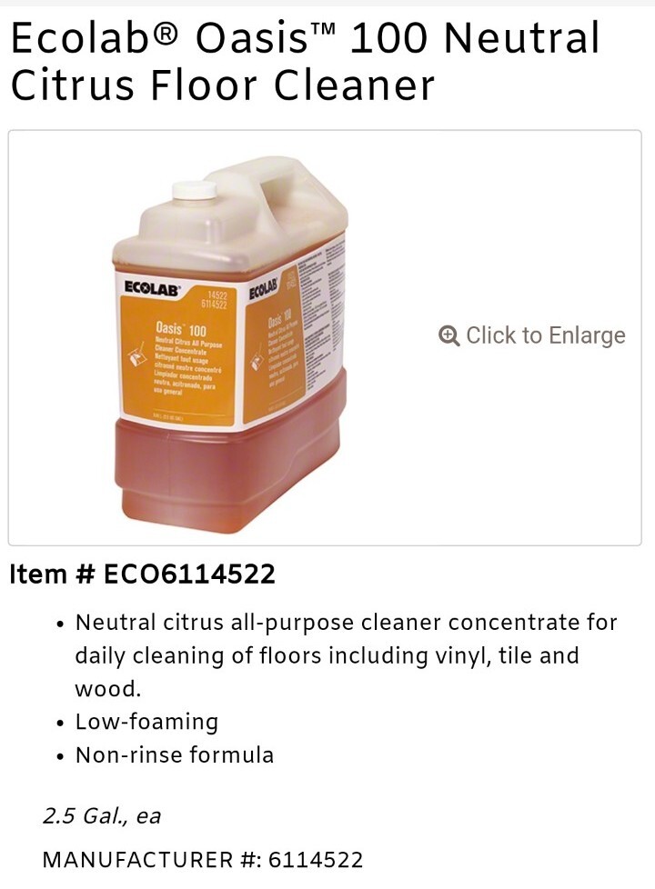 Ecolab 14522 OASIS 100 Neutral Citrus Floor Cleaner 2.5 Gallon Bottle