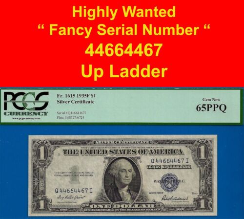 1935F $1 Silver Certificate PCGS 65PPQ rare fancy ladder serial number 44664467