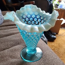FENTON BLUE HOBNAIL OPALESCENT 7 3/4"T X 6 3/4"D RUFFED VASE