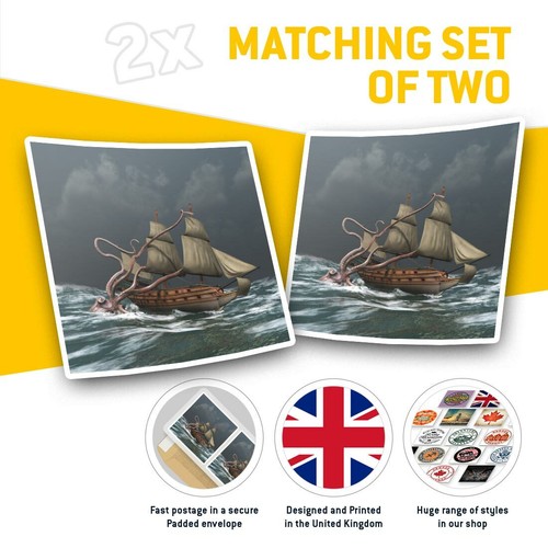 2 x Square Stickers 7.5 cm - Sea Monster Kraken Ship Attack Cool Gift #16544 - 第 2/9 張圖片