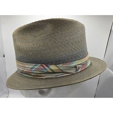 Vintage Stetson Straw Panama Fedora Hat Gray Men's 7 1/8 Woven Pastel Plaid Band