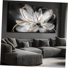 Flower Large Artwork Gold Wall Decor White Canvas 58"L x 29"W Black Flower