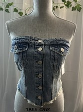 Denim Strapless Corset Top Button Front Frayed Hem Blue Medium Women 1314