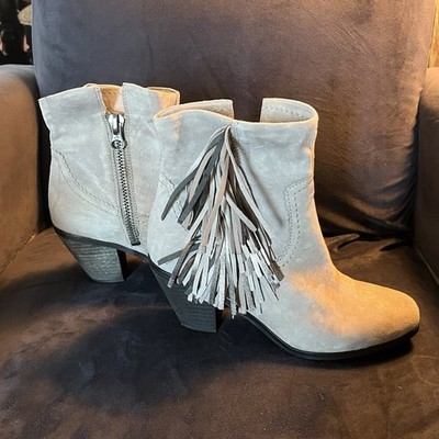 SAM EDELMAN Louie Suede Fringe Ankle Boots Booties Size Women s 8 M Putty Grey