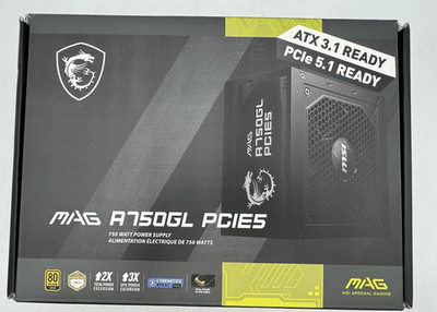 MSI MAG A750GL PCIE5, Fully Modular Compact Gaming 750W Power Supply.