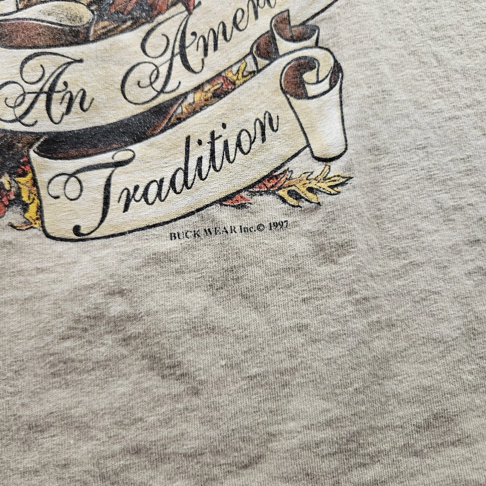 ВИНТАЖНАЯ охотничья рубашка на белохвостого оленя мужская XL желтовато-коричневая Buck Wear 1997 графическая 90-е - Изображение 3 из 4