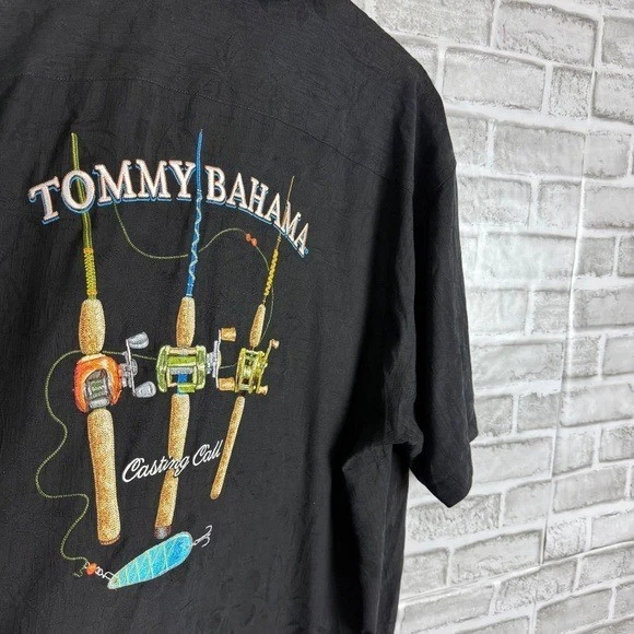 Tommy Bahama Casting Call Back Embroidered Black Silk Hawaiian Camp Shirt 2XL - Image 2 of 4