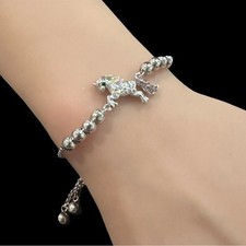 Silver Tone Unicorn Charm Bracelet Adjustable Chain With Beaded Detail Shimmer