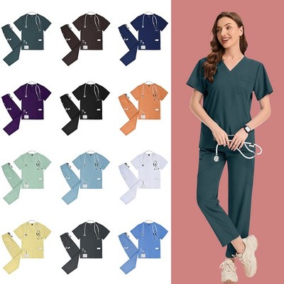 2025 Summer V-Neck Straight Nursing Medical Scrub Uniform Set for Salon Spa