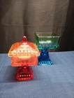 Vintage Set (2) Jeanette Glass 1 Covered Pedestal Wedding Box Candy Dishes  MCM