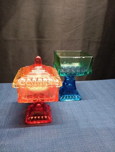 Vintage Set (2) Jeanette Glass 1 Covered Pedestal Wedding Box Candy Dishes  MCM