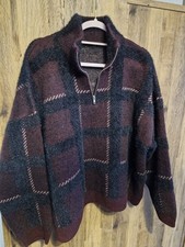 Zara Ladies Quarter Zip Burgundy And Black Check Thick Jumper Size Large