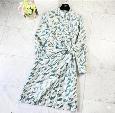 MaxMara Silk Logo Print Shirt Dress Belt Emerald Green White L Authentic