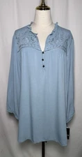 I.N. Studio Blouse Tunic Shirt Top 2X Women Ballon Sleeves Embroidered Blue