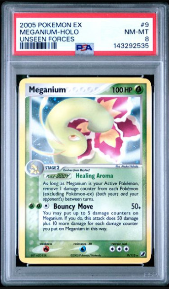 2005 POKEMON EX UNSEEN FORCES #9 MEGANIUM-REVERSE FOIL PSA 8