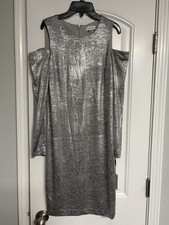 CALVIN KLEIN Sz 12 P Women Evening Cocktail Fitted SHEATH silver Dress NWT