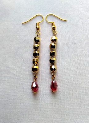 Gold and Red Faceted Beads Stick Earrings Drop Hook Handmade Light Mod Boho Chic