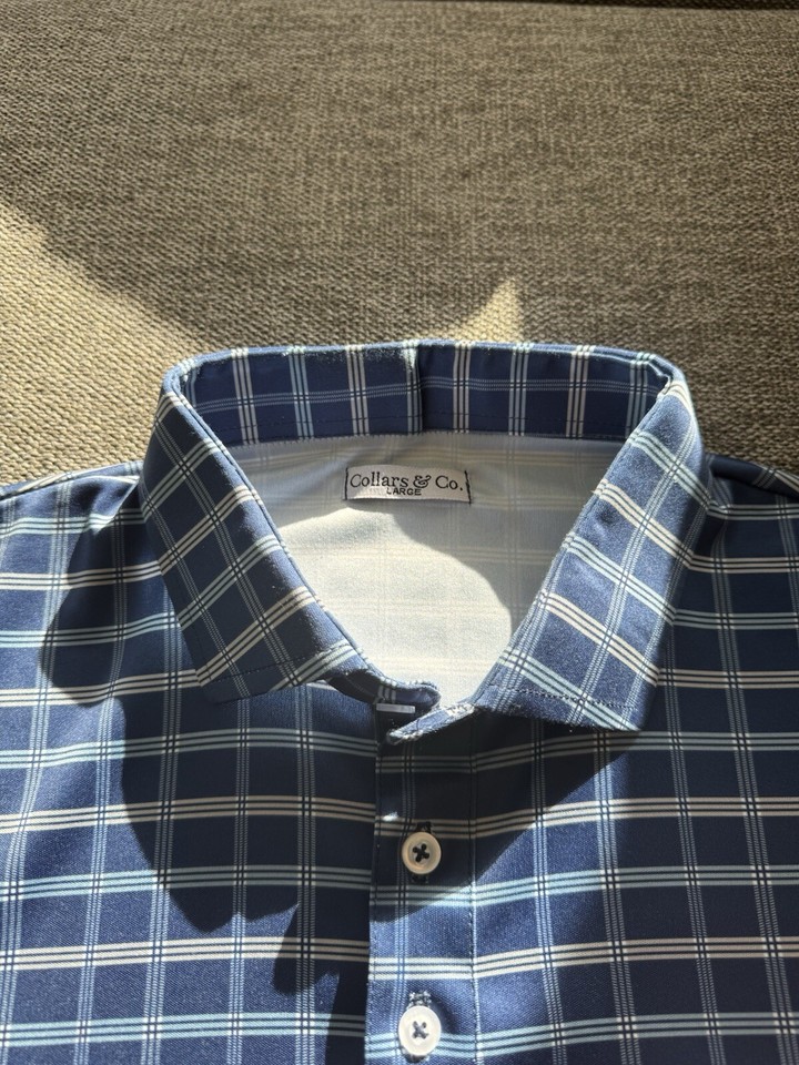 Collars and Co Dress Collar Polo Shirt Large Bedford Navy Stripe Short
