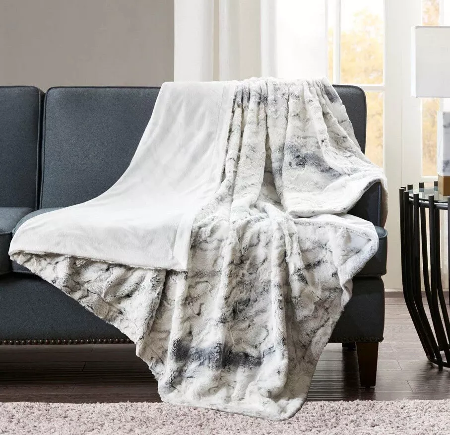 MADISON PARK SACHI BRUSHED LONG FAUX FUR OVERSIZED THROW BLANKET MARBLE GREY NEW