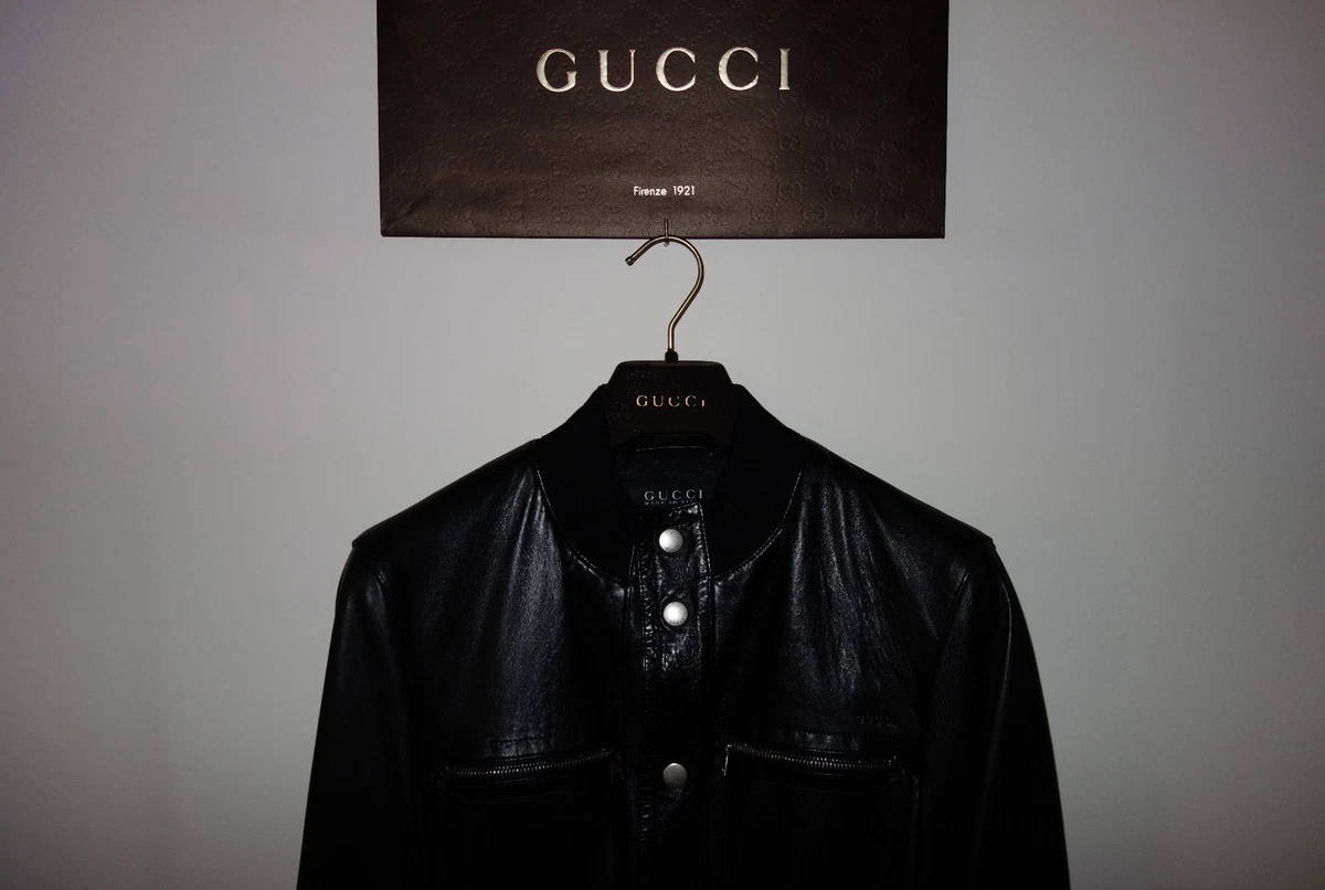 Gucci leather jacket with web cheap